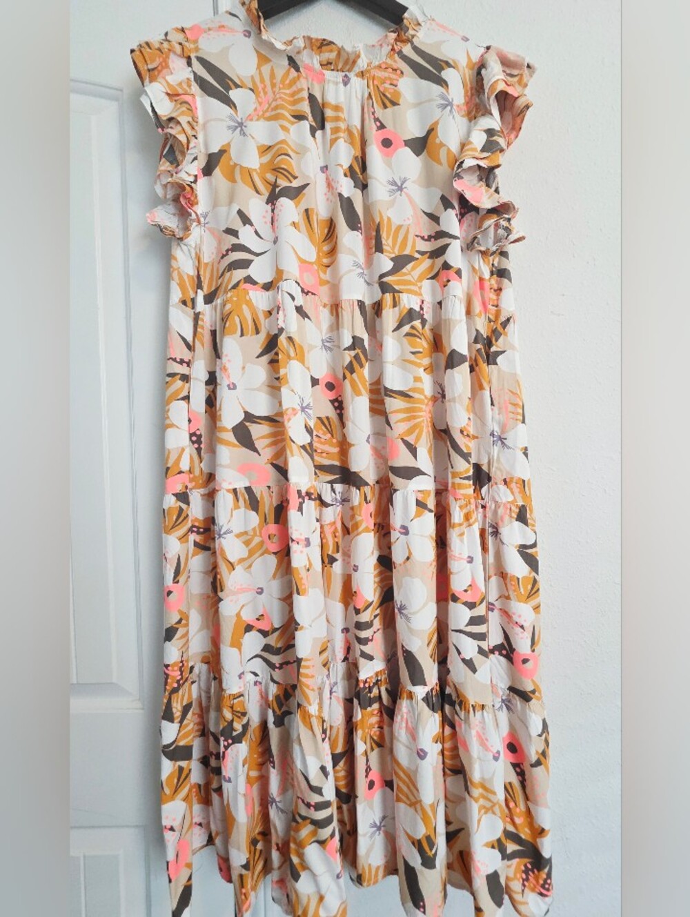 THML Tropical Floral Tiered Midi Dress XL Soft Rayon Boho